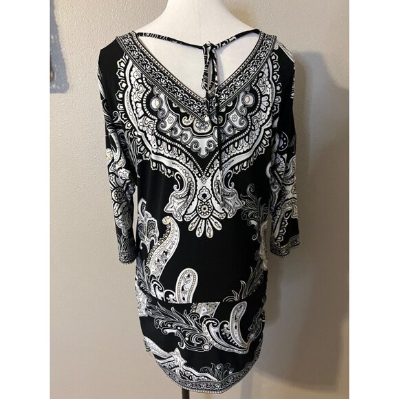 WHBM Mini Dress M Medium Tunic Top Black White Paisley Washable - Picture 3 of 6